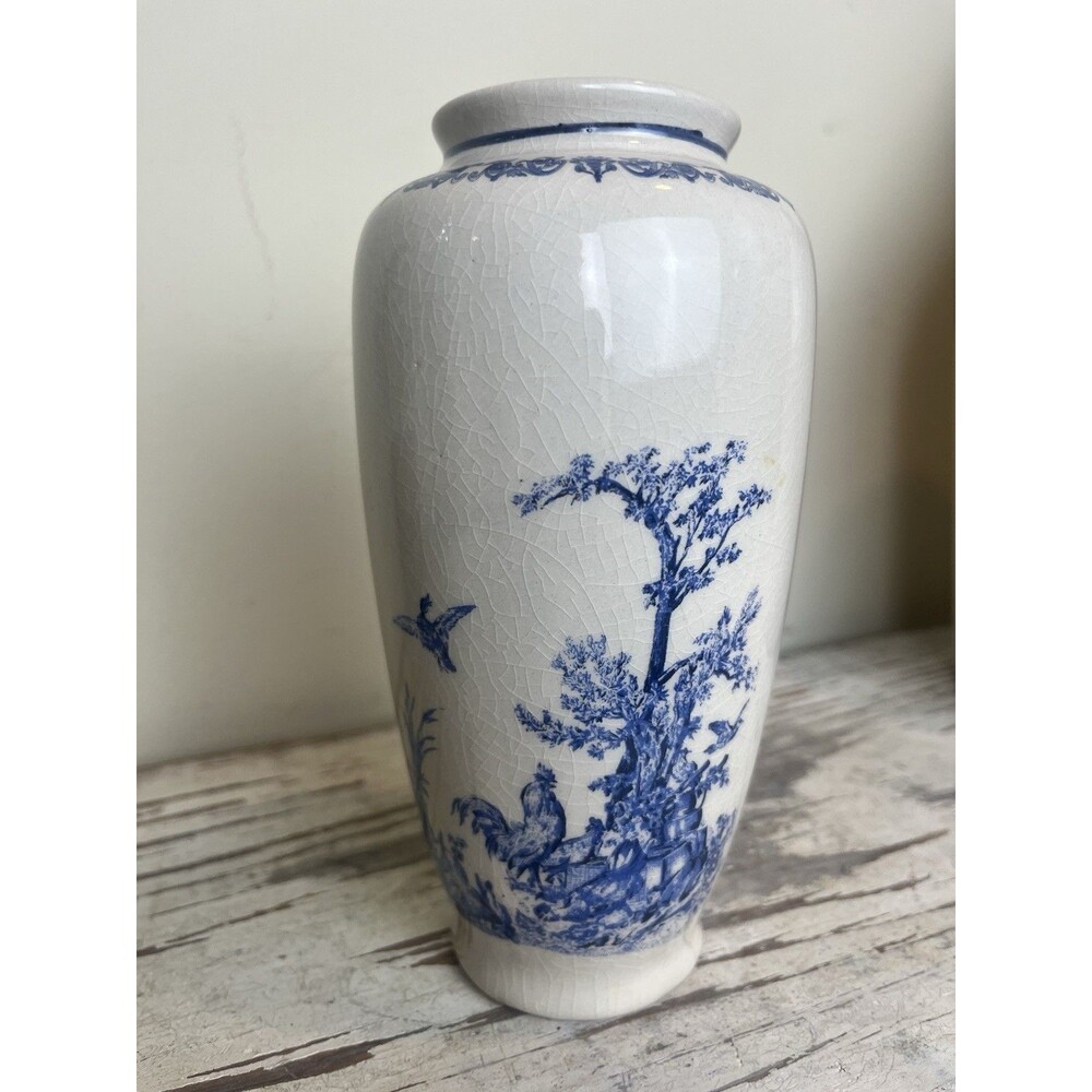 Vintage Blue & White French Cottage Meadow Theme Vase /K’s Collection 7” Country